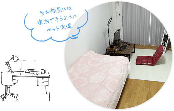 各お部屋には宿泊できるようにベット完備