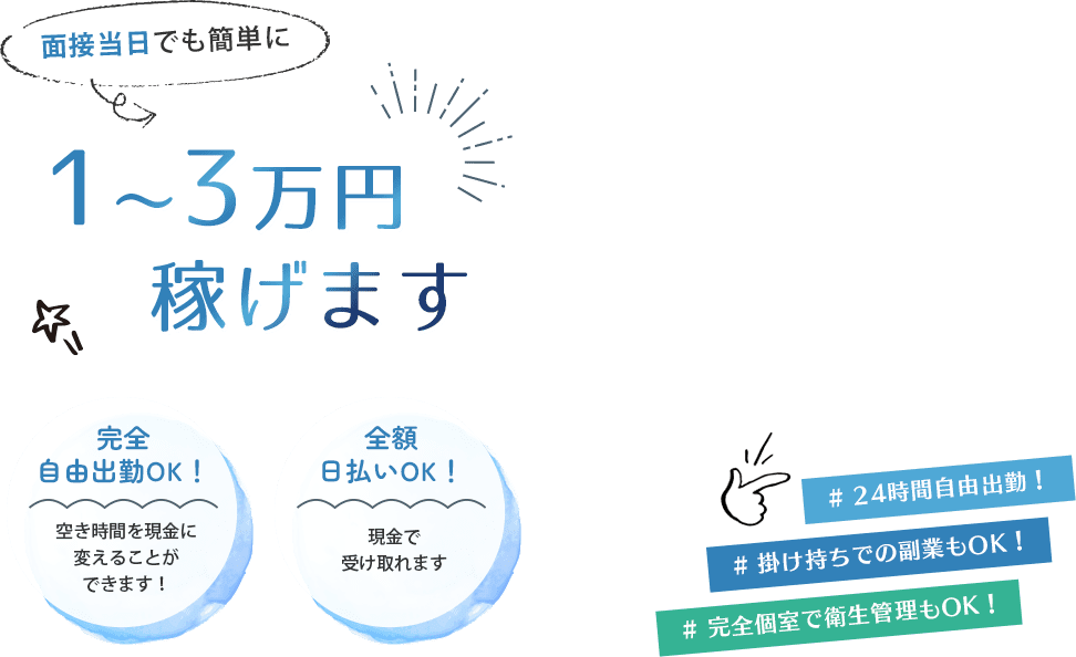 面接当日でも簡単に1～3万円稼げます。完全自由出勤OK！空き時間を現金に変えることができます！全額日払いOK！現金で受け取れます。24時間自由出勤！掛け持ちでの副業もOK！ 完全個室で衛生管理もOK！