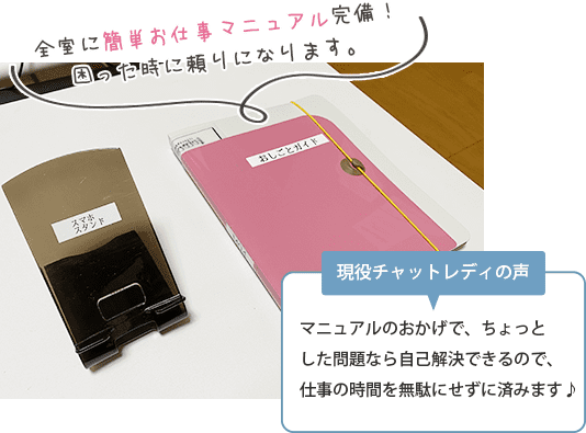 全室に簡単お仕事マニュアル完備！困った時に頼りになります。マニュアルのおかげで、ちょっとした問題なら自己解決できるので、仕事の時間を無駄にせずに済みます♪