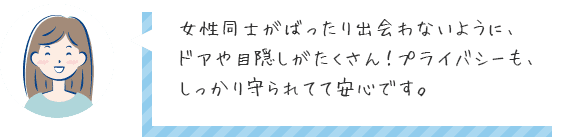 女性同士がばったり出会わないように、ドアや目隠しがたくさん！プライバシーも、しっかり守られてて安心です。