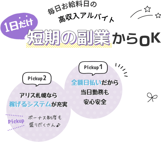 毎日お給料日の高収入アルバイト。1日だけ短期の副業からOK。全額日払いだから当日勤務も安心安全、アリス札幌なら稼げるシステムが充実