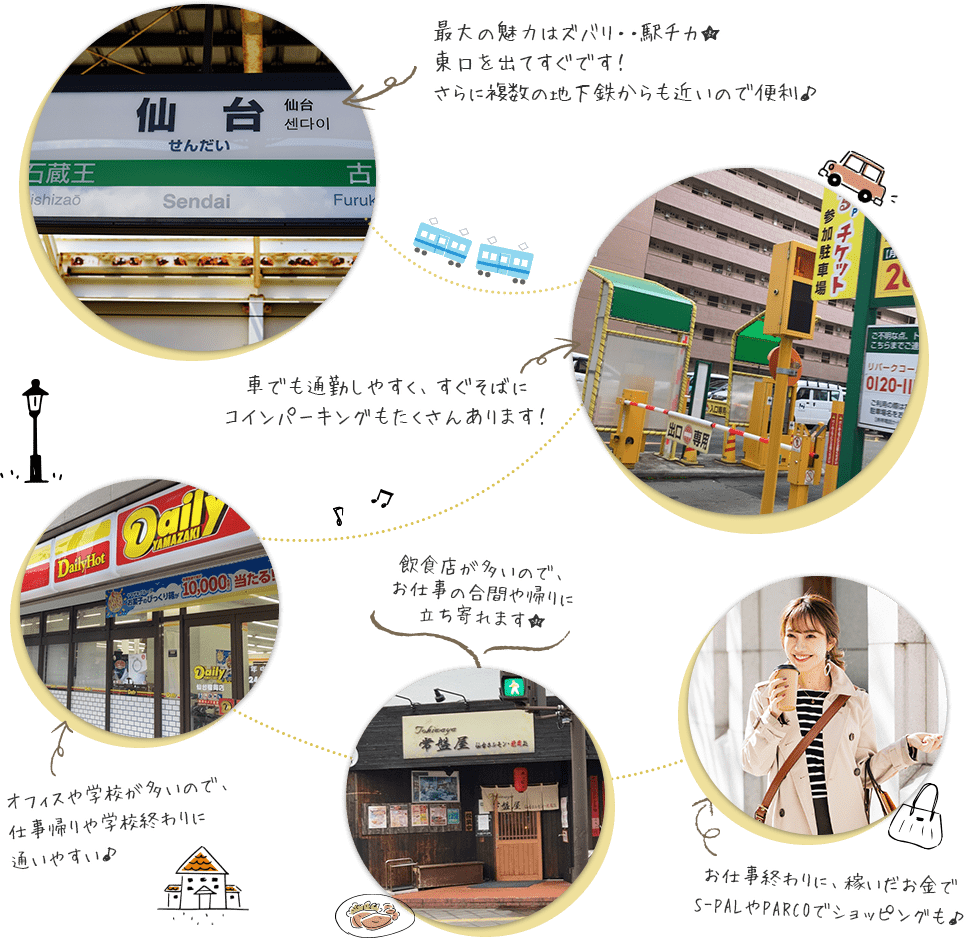 最大の魅力はズバリ・・駅チカ★東口を出てすぐです！さらに複数の地下鉄からも近いので便利♪車でも通勤しやすく、すぐそばにコインパーキングもたくさんあります！オフィスや学校が多いので、仕事帰りや学校終わりに通いやすい♪飲食店が多いので、お仕事の合間や帰りに立ち寄れます★お仕事終わりに、稼いだお金でS-PALやPARCOでショッピングも♪
