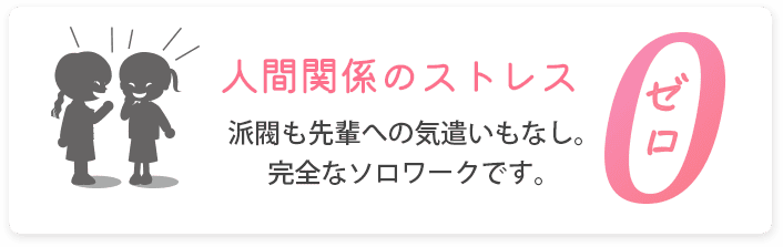 1.人間関係のストレス【ゼロ】 派閥も先輩への気遣いもなし。完全なソロワークです。