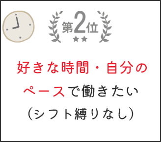 第2位： 好きな時間・自分のペースで働きたい（シフト縛りなし）